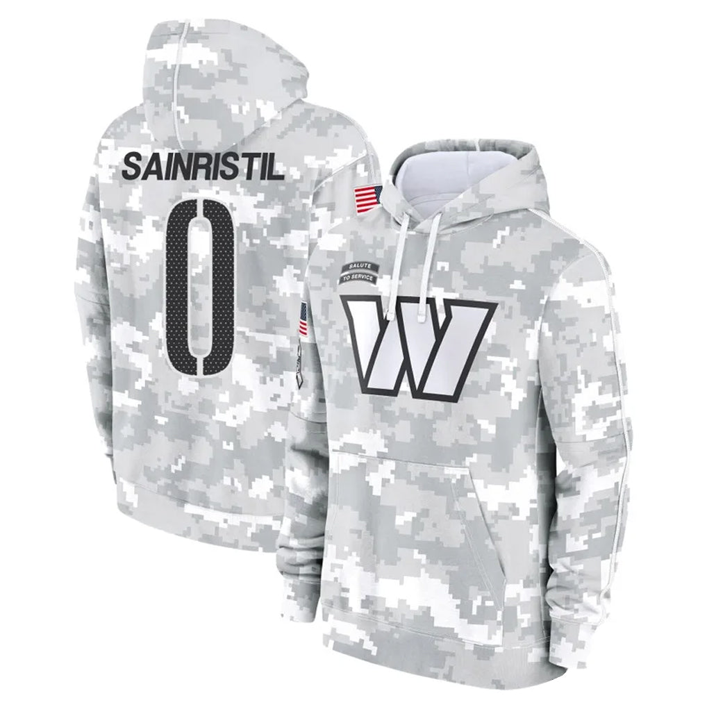Elroe W.Commanders #0 Mike Sainristil Player Arctic Camo Salute to Service Hoodies Stitched Jerseys
