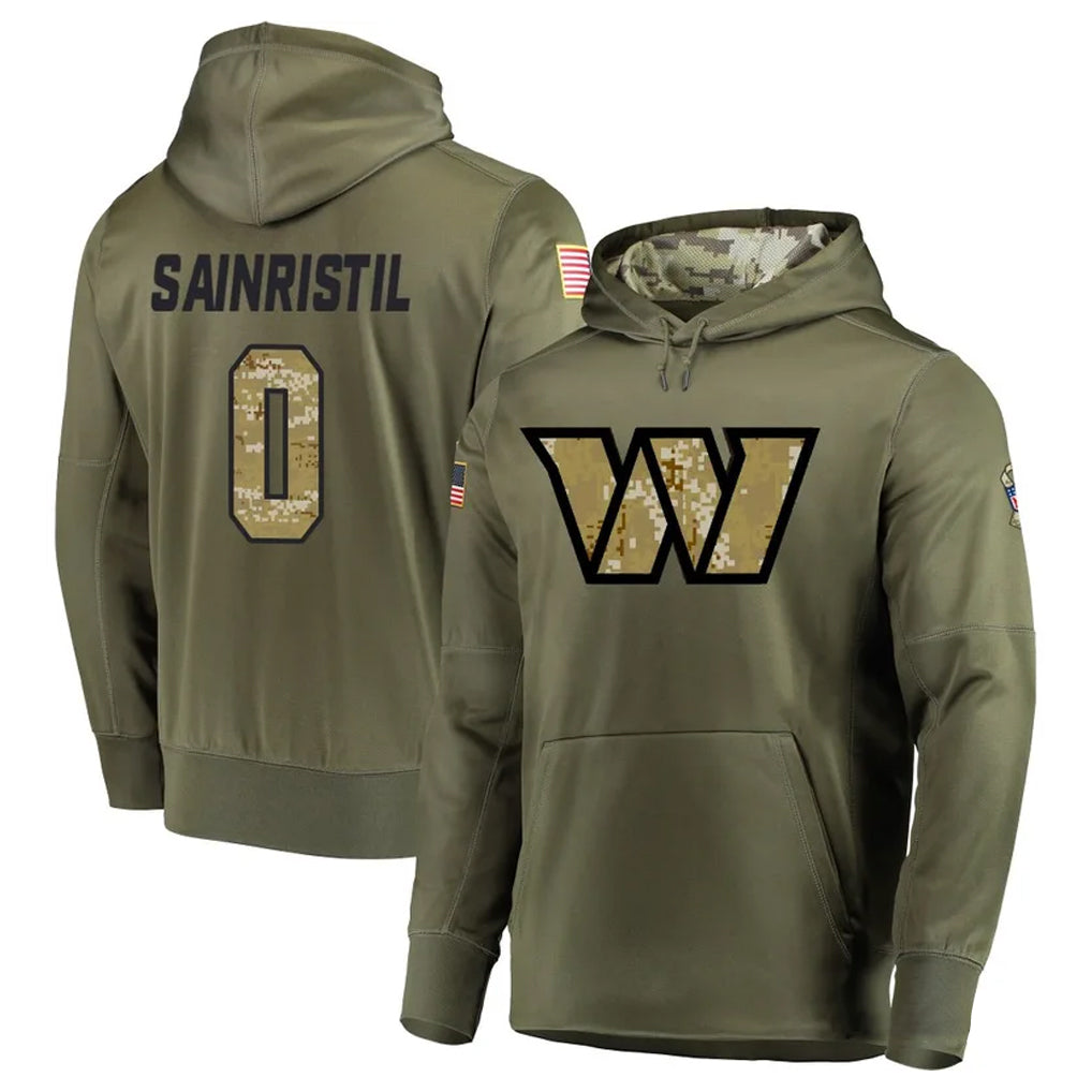 Elroe W.Commanders #0 Mike Sainristil Player Olive Salute to Service Hoodies Stitched Jerseys