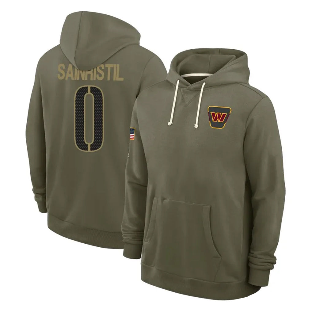 Elroe W.Commanders #0 Mike Sainristil Player Olive Salute to Service Pullover Hoodies Limited Home Stitched Jerseys