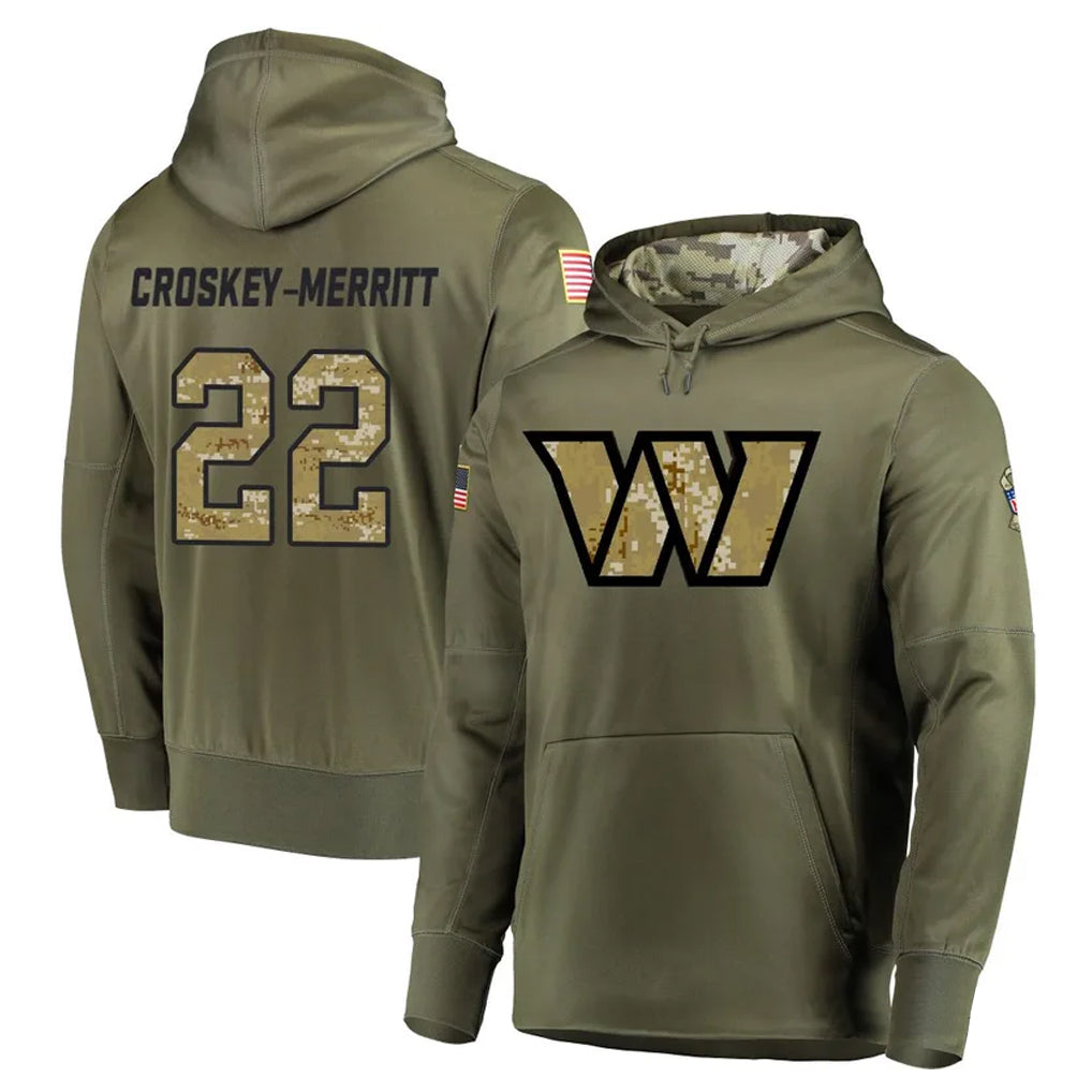 Elroe W.Commanders #22 Jacory Croskey-Merritt Player Olive Salute to Service Limited Hoodies Stitched Jerseys