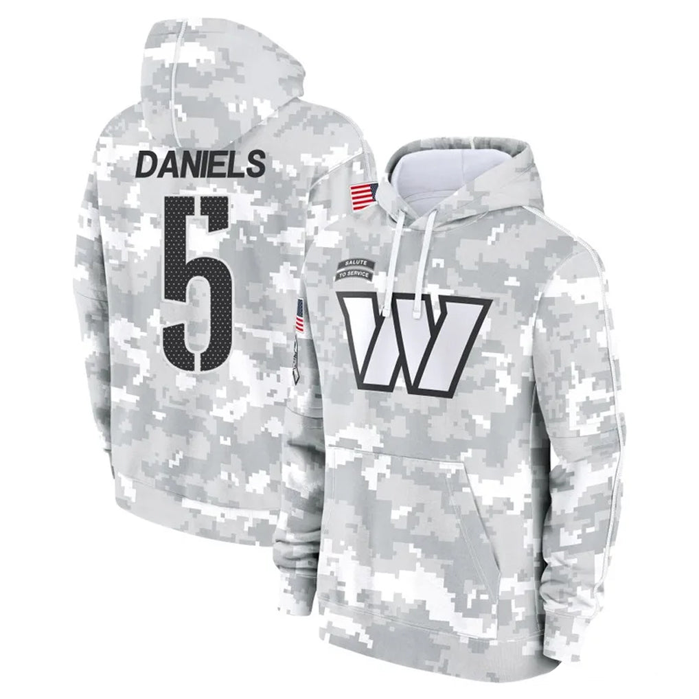 Elroe W.Commanders #5 Jayden Daniels Player Arctic Camo Limited Salute to Service Pullover Hoodies Game Stitched Jerseys