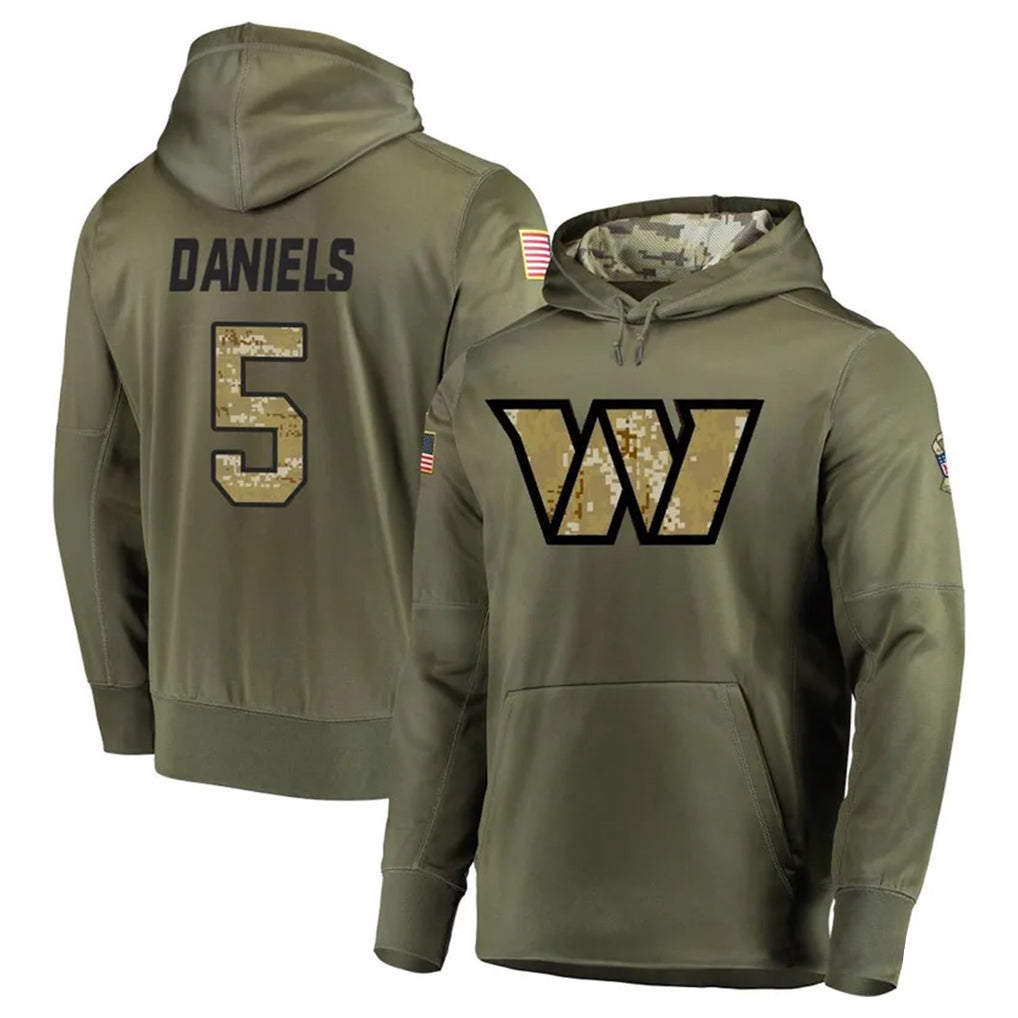 Elroe W.Commanders #5 Jayden Daniels Player Olive Salute to Service Hoodies Stitched Jerseys