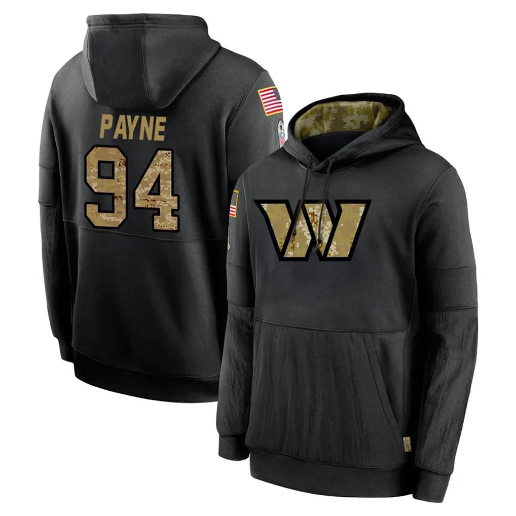 Elroe W.Commanders #94 Daron Payne Player Black Salute to Service Performance Pullover Hoodies Home Game Stitched Jerseys