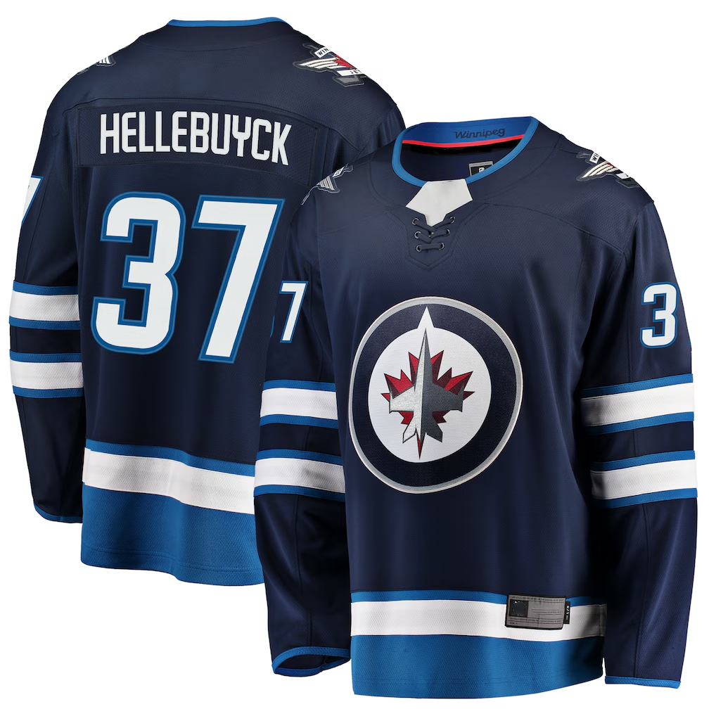 Elroe W.Jets #37 Connor Hellebuyck Navy Breakaway Replica Jerseys