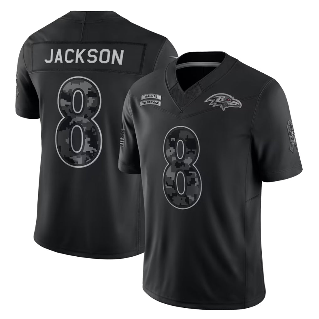 Elroe B.Ravens #8 Lamar Jackson Player Black Limited 2026 Salute to Service Home Game Stitched Jerseys