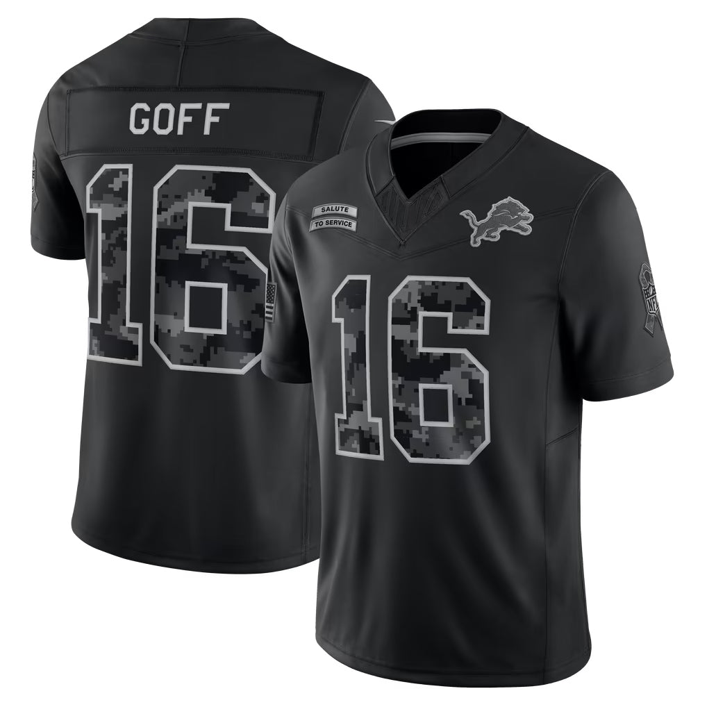 Elroe D.Lions #16 Jared Goff Player Black Limited 2026 Salute to Service Home Game Stitched Jerseys